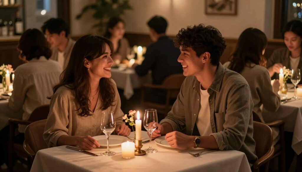 A cozy and intimate setting for a date night, featuring a couple seated at a candlelit table in a charming restaurant. In the foreground, the couple, dressed in casual but stylish attire, are engaged in warm conversation, sharing smiles and laughter. The middle ground captures a beautifully set table with elegant tableware, soft lighting from flickering candles, and a small bouquet of flowers. In the background, other diners can be seen enjoying their meals, creating a lively yet intimate atmosphere. The scene is illuminated with soft, warm lighting that creates a romantic ambiance, with a slight bokeh effect to suggest focus on the couple, enhancing the feeling of togetherness and connection.