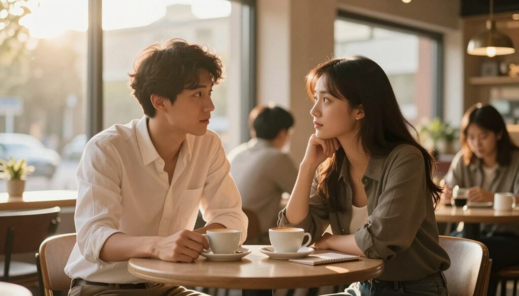 A cozy café setting during the late afternoon, bathed in warm, golden sunlight streaming through large windows. In the foreground, a young couple sits at a small table, their expressions reflecting both curiosity and openness. The male figure is casually dressed in a neat shirt, while the female figure wears smart casual attire, both radiating a sense of comfort and approachability. On the table is a coffee cup and a small notepad, suggesting they are having a meaningful discussion. In the background, soft, blurred images of other café patrons can be seen, adding depth and a social ambiance. The overall mood is warm, inviting, and thoughtful, conveying the importance of discussing shared future plans. The angle focuses on the couple's interaction, capturing their body language and connection without distraction. A cozy café setting during the late afternoon, bathed in warm, golden sunlight streaming through large windows. In the foreground, a young couple sits at a small table, their expressions reflecting both curiosity and openness. The male figure is casually dressed in a neat shirt, while the female figure wears smart casual attire, both radiating a sense of comfort and approachability. On the table is a coffee cup and a small notepad, suggesting they are having a meaningful discussion. In the background, soft, blurred images of other café patrons can be seen, adding depth and a social ambiance. The overall mood is warm, inviting, and thoughtful, conveying the importance of discussing shared future plans. The angle focuses on the couple's interaction, capturing their body language and connection without distraction.
