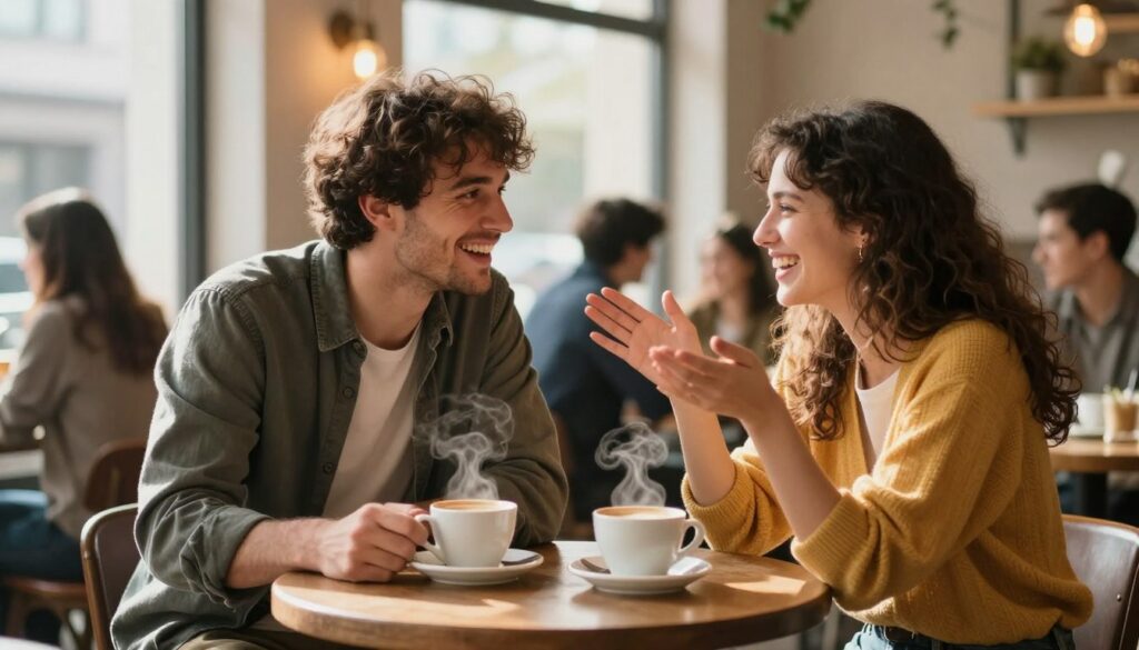A cozy café setting featuring a couple engaged in an intimate conversation, sharing laughter and smiles. In the foreground, a small table with two steaming cups of coffee, a partial view of the couple, both casually dressed in warm, stylish attire. The man is leaning forward, showing curiosity, while the woman gestures expressively, radiating warmth and connection. In the middle background, soft ambient lighting creates a relaxed atmosphere with blurred patrons enjoying their time. Sunlight filters through large windows, casting gentle shadows. The mood is vibrant yet intimate, illustrating the importance of emotional development and spontaneity in relationships, evoking a sense of closeness and genuine companionship.