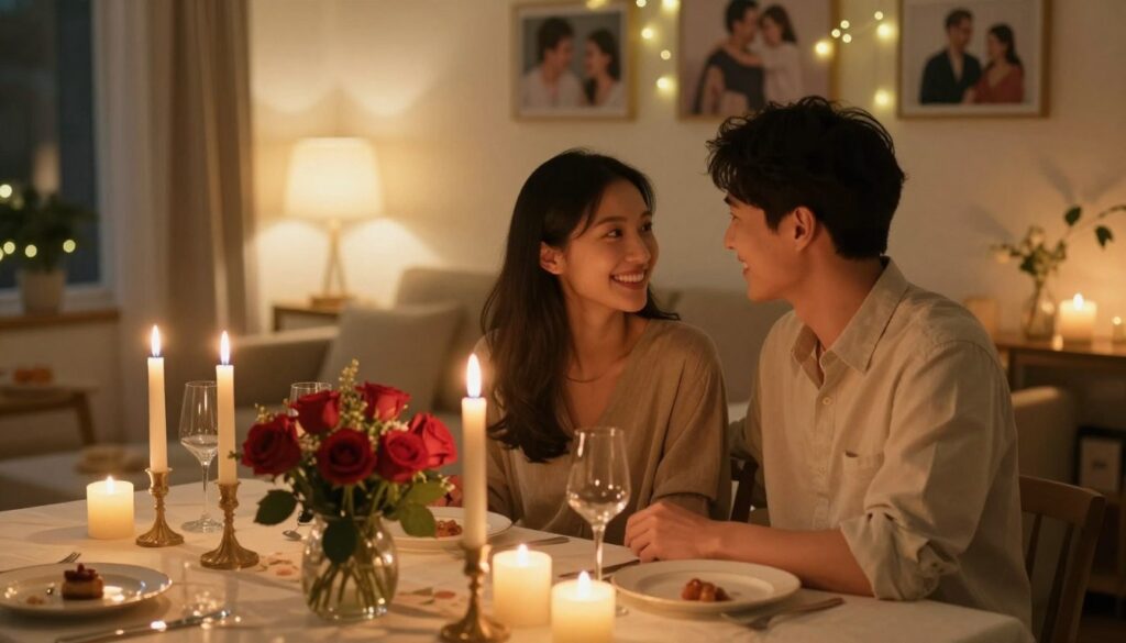 A cozy indoor scene designed for a romantic anniversary celebration. In the foreground, a beautifully set table featuring soft candlelight, a delicate floral centerpiece with red roses, and elegant dinnerware. In the middle, a couple sits at the table, dressed in modest casual clothing, smiling and gazing into each other's eyes, sharing a moment of connection. The background reveals a softly lit living room, adorned with fairy lights and framed photos of happy memories together. The warm glow of the candles enhances the intimate atmosphere, creating a feeling of love and nostalgia. The image captures the essence of togetherness, warmth, and the joy of creating lasting memories. Use a soft focus and warm color palette to evoke a romantic mood. A cozy indoor scene designed for a romantic anniversary celebration. In the foreground, a beautifully set table featuring soft candlelight, a delicate floral centerpiece with red roses, and elegant dinnerware. In the middle, a couple sits at the table, dressed in modest casual clothing, smiling and gazing into each other's eyes, sharing a moment of connection. The background reveals a softly lit living room, adorned with fairy lights and framed photos of happy memories together. The warm glow of the candles enhances the intimate atmosphere, creating a feeling of love and nostalgia. The image captures the essence of togetherness, warmth, and the joy of creating lasting memories. Use a soft focus and warm color palette to evoke a romantic mood.