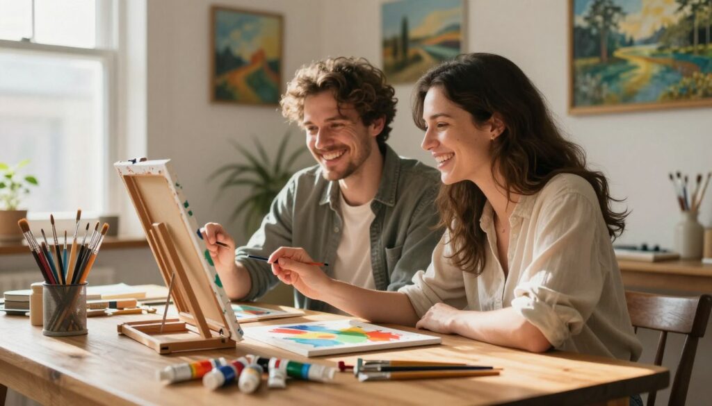 A cozy indoor space filled with warm, natural light, showcasing a couple sitting at a wooden table engaged in a shared hobby of painting. In the foreground, art supplies such as paintbrushes, vibrant tubes of paint, and a canvas rest alongside laughter and smiles. The middle ground features the couple, a man and a woman, wearing comfortable, casual clothing, their faces illuminated by soft sunlight filtering through a nearby window. In the background, framed paintings decorate the walls, adding to the atmosphere of creativity and intimacy. The scene conveys a sense of warmth and connection, highlighting the importance of shared passions in a relationship. The lens focus captures both the joyful expressions of the couple and the colorful art, creating a harmonious ambiance.