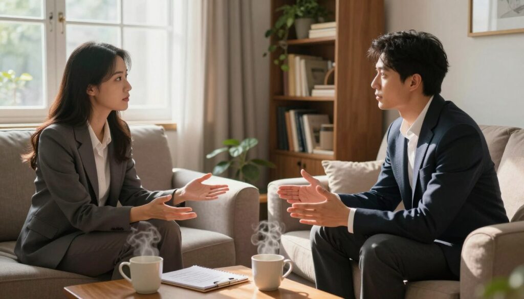 A cozy, intimate setting symbolizes conscious communication for couples. In the foreground, a couple is seated on a plush sofa, facing each other with open body language and attentive expressions. They are dressed in professional business attire, conveying seriousness yet warmth. In the middle ground, a small coffee table holds two steaming cups and a notepad with notes, symbolizing their discussion. Soft, natural light streams through large windows, casting gentle shadows and adding warmth to the scene. In the background, a bookshelf filled with relationship books and plants contributes to a comforting atmosphere. The mood is calm and focused, highlighting the importance of open, honest dialogue in nurturing relationships. The angle captures the couple in a close, engaging profile, emphasizing connection and understanding.