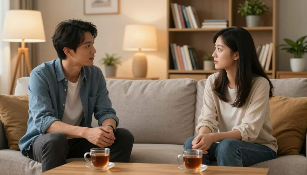 A cozy living room setting with two individuals engaged in a heartfelt discussion about transitioning their relationship to an open model. In the foreground, a man and a woman sit on a comfortable sofa, both dressed in smart casual attire, showing attentive expressions. A coffee table with two cups of tea stands between them, symbolizing a warm conversation. In the middle, soft lighting creates an inviting atmosphere, complemented by warm colors from the lampshades. In the background, a bookshelf filled with relationship books and plants adds depth to the scene, hinting at their desire for understanding. The overall mood is open, honest, and reflective, emphasizing the importance of communication in relationships. A cozy living room setting with two individuals engaged in a heartfelt discussion about transitioning their relationship to an open model. In the foreground, a man and a woman sit on a comfortable sofa, both dressed in smart casual attire, showing attentive expressions. A coffee table with two cups of tea stands between them, symbolizing a warm conversation. In the middle, soft lighting creates an inviting atmosphere, complemented by warm colors from the lampshades. In the background, a bookshelf filled with relationship books and plants adds depth to the scene, hinting at their desire for understanding. The overall mood is open, honest, and reflective, emphasizing the importance of communication in relationships.