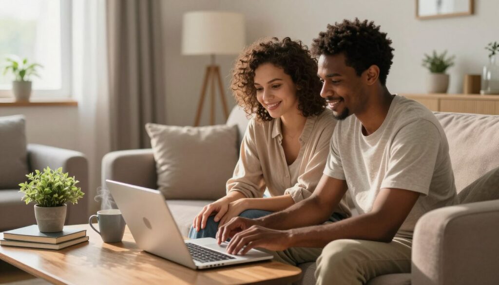 A cozy, modern living room scene depicting a diverse couple engaged in everyday activities, illustrating the similarities in their partnership. In the foreground, the couple, dressed in modest casual clothing, is seated on a comfortable sofa, working together on a laptop. In the middle ground, a coffee table is adorned with a plant, books, and two steaming mugs, hinting at shared routines. The background features soft, warm lighting streaming through a window, casting gentle shadows that create an inviting atmosphere. The overall mood is harmonious and relaxed, highlighting cooperation and companionship. The composition is balanced, with a slight depth of field focusing on the couple while offering a hint of their shared environment. A cozy, modern living room scene depicting a diverse couple engaged in everyday activities, illustrating the similarities in their partnership. In the foreground, the couple, dressed in modest casual clothing, is seated on a comfortable sofa, working together on a laptop. In the middle ground, a coffee table is adorned with a plant, books, and two steaming mugs, hinting at shared routines. The background features soft, warm lighting streaming through a window, casting gentle shadows that create an inviting atmosphere. The overall mood is harmonious and relaxed, highlighting cooperation and companionship. The composition is balanced, with a slight depth of field focusing on the couple while offering a hint of their shared environment.