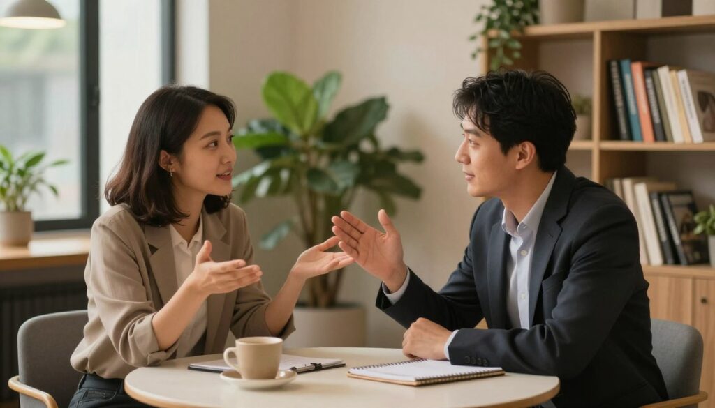 A cozy, modern office space serves as the backdrop, illuminated by warm, soft lighting that creates an inviting atmosphere. In the foreground, two professionals, a man and a woman, engaged in a heartfelt conversation, are seated at a round table. They are dressed in smart casual attire, exuding warmth and openness. The woman gestures expressively while the man listens attentively, showcasing the essence of effective communication. In the middle, subtle details like a coffee cup and notepad hint at a collaborative discussion. The background features lush plants and a bookshelf filled with titles about relationships and emotional intelligence, emphasizing the theme of connection. The overall mood is serene yet engaged, highlighting the importance of communication and emotional intelligence in relationships. A cozy, modern office space serves as the backdrop, illuminated by warm, soft lighting that creates an inviting atmosphere. In the foreground, two professionals, a man and a woman, engaged in a heartfelt conversation, are seated at a round table. They are dressed in smart casual attire, exuding warmth and openness. The woman gestures expressively while the man listens attentively, showcasing the essence of effective communication. In the middle, subtle details like a coffee cup and notepad hint at a collaborative discussion. The background features lush plants and a bookshelf filled with titles about relationships and emotional intelligence, emphasizing the theme of connection. The overall mood is serene yet engaged, highlighting the importance of communication and emotional intelligence in relationships.