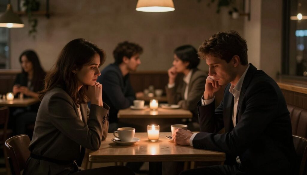 A dimly lit cafe interior, capturing an atmosphere of melancholy. In the foreground, a couple sits at a small table, facing each other with distant expressions, their body language tense and withdrawn. The woman wears a smart casual outfit, her fingers lightly tracing the rim of her coffee cup, while the man is dressed in a professional business attire, gazing down at the table, seemingly lost in thought. In the middle ground, soft focus on the flickering candlelight adds an intimate yet somber feel. The background features blurred images of patrons engaged in vibrant conversations, creating a stark contrast to the couple's isolation. The lighting is warm and muted, enhancing the feelings of confinement and stagnation, suggesting a relationship that feels stuck in an unresolved state. The mood is quietly reflective, evoking empathy for the couple's situation. A dimly lit cafe interior, capturing an atmosphere of melancholy. In the foreground, a couple sits at a small table, facing each other with distant expressions, their body language tense and withdrawn. The woman wears a smart casual outfit, her fingers lightly tracing the rim of her coffee cup, while the man is dressed in a professional business attire, gazing down at the table, seemingly lost in thought. In the middle ground, soft focus on the flickering candlelight adds an intimate yet somber feel. The background features blurred images of patrons engaged in vibrant conversations, creating a stark contrast to the couple's isolation. The lighting is warm and muted, enhancing the feelings of confinement and stagnation, suggesting a relationship that feels stuck in an unresolved state. The mood is quietly reflective, evoking empathy for the couple's situation.