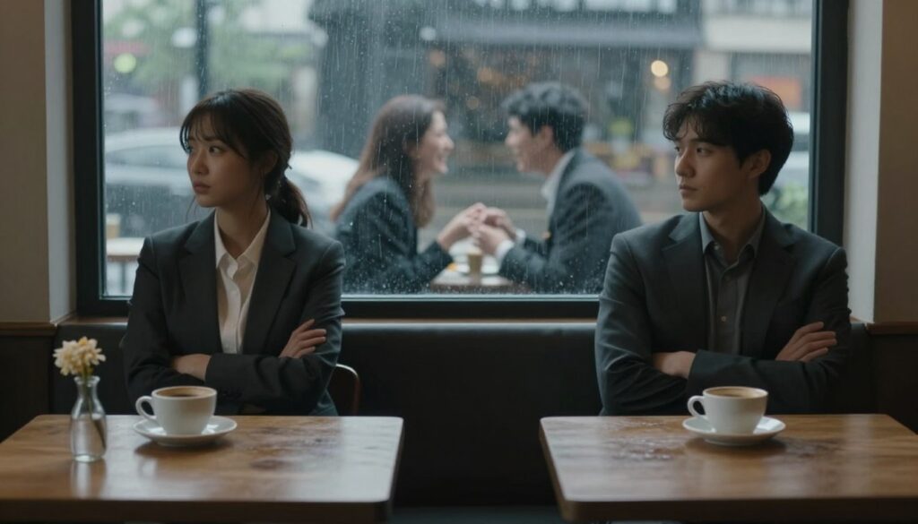 A dimly lit café setting with a large window showing a rainy day outside, creating a melancholic atmosphere. In the foreground, a table is set for two, with one side empty, featuring a cup of coffee and a small, wilted flower in a vase, symbolizing neglect. In the middle ground, a couple sits at opposite ends of the table, both looking away from each other, dressed in professional attire. Their body language reflects distance, with crossed arms and downcast eyes, conveying a sense of emotional disconnection. The background shows blurred outlines of people engaged in cheerful conversations, contrasting the couple’s isolation. Soft, diffused lighting enhances the poignant mood, inviting reflection on the theme of unreciprocated effort in relationships. A dimly lit café setting with a large window showing a rainy day outside, creating a melancholic atmosphere. In the foreground, a table is set for two, with one side empty, featuring a cup of coffee and a small, wilted flower in a vase, symbolizing neglect. In the middle ground, a couple sits at opposite ends of the table, both looking away from each other, dressed in professional attire. Their body language reflects distance, with crossed arms and downcast eyes, conveying a sense of emotional disconnection. The background shows blurred outlines of people engaged in cheerful conversations, contrasting the couple’s isolation. Soft, diffused lighting enhances the poignant mood, inviting reflection on the theme of unreciprocated effort in relationships.