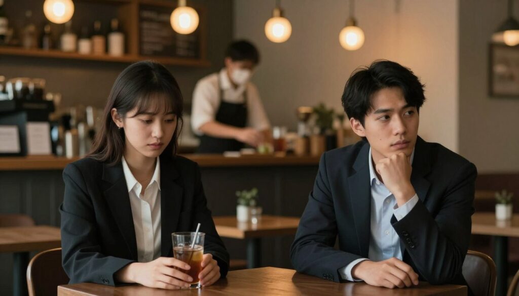 A dimly lit café setting with a subtle tension in the air. In the foreground, a couple sits at a small table, both dressed in professional business attire. Their body language is telling—one person is glancing down at their drink, avoiding eye contact, while the other looks away thoughtfully, fingers tapping nervously. In the middle ground, a softly blurred barista prepares drinks, adding a feeling of distance and distraction. The background features a warm glow from hanging lights, casting gentle shadows, creating an atmosphere of introspection and vulnerability. The focus is on the couple's expressions, conveying the nuances of withdrawal from conversation, framed by a cozy yet melancholic setting. Soft, warm colors emphasize the mood without overwhelming the scene. A dimly lit café setting with a subtle tension in the air. In the foreground, a couple sits at a small table, both dressed in professional business attire. Their body language is telling—one person is glancing down at their drink, avoiding eye contact, while the other looks away thoughtfully, fingers tapping nervously. In the middle ground, a softly blurred barista prepares drinks, adding a feeling of distance and distraction. The background features a warm glow from hanging lights, casting gentle shadows, creating an atmosphere of introspection and vulnerability. The focus is on the couple's expressions, conveying the nuances of withdrawal from conversation, framed by a cozy yet melancholic setting. Soft, warm colors emphasize the mood without overwhelming the scene.