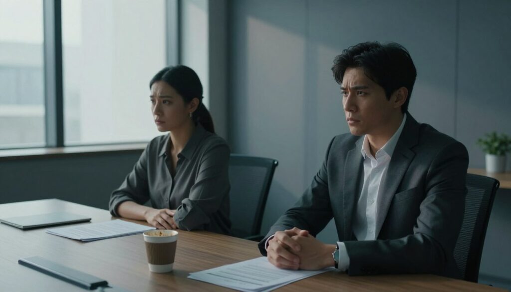 A dimly lit, modern office space featuring a tense, emotional atmosphere. In the foreground, a man and a woman sit at a conference table, their expressions conveying frustration and distance; the man is in a tailored suit, while the woman wears a modest blouse. The middle ground showcases scattered paperwork and a half-empty coffee cup, symbolizing neglect. In the background, large windows filter in soft, natural light, casting long shadows that amplify the sense of isolation. The overall color palette includes muted blues and grays, emphasizing the seriousness of the situation. The composition should focus on the emotional disconnect and subtle irony between the two figures, evoking a feeling of quiet tension without overt confrontation. A dimly lit, modern office space featuring a tense, emotional atmosphere. In the foreground, a man and a woman sit at a conference table, their expressions conveying frustration and distance; the man is in a tailored suit, while the woman wears a modest blouse. The middle ground showcases scattered paperwork and a half-empty coffee cup, symbolizing neglect. In the background, large windows filter in soft, natural light, casting long shadows that amplify the sense of isolation. The overall color palette includes muted blues and grays, emphasizing the seriousness of the situation. The composition should focus on the emotional disconnect and subtle irony between the two figures, evoking a feeling of quiet tension without overt confrontation.