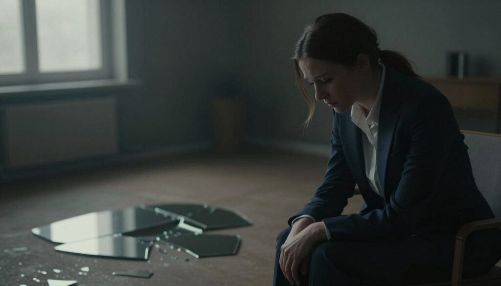 A dimly lit room captures the emotional turmoil of devaluation and loss of self-worth. In the foreground, a woman in professional attire sits on a chair, her posture slumped, and her gaze cast downwards, reflecting despair and introspection. Soft shadows play across her face, hinting at her inner conflict. In the middle ground, a shattered mirror lies on the floor, its fragments representing broken self-image and disillusionment. The background is blurred, suggesting a darkened environment with muted colors, evoking a sense of isolation and emotional weight. A gentle, diffused light filters through a nearby window, creating a somber yet poignant atmosphere that encapsulates the theme of emotional exhaustion. The overall mood is one of melancholy and reflection. A dimly lit room captures the emotional turmoil of devaluation and loss of self-worth. In the foreground, a woman in professional attire sits on a chair, her posture slumped, and her gaze cast downwards, reflecting despair and introspection. Soft shadows play across her face, hinting at her inner conflict. In the middle ground, a shattered mirror lies on the floor, its fragments representing broken self-image and disillusionment. The background is blurred, suggesting a darkened environment with muted colors, evoking a sense of isolation and emotional weight. A gentle, diffused light filters through a nearby window, creating a somber yet poignant atmosphere that encapsulates the theme of emotional exhaustion. The overall mood is one of melancholy and reflection.