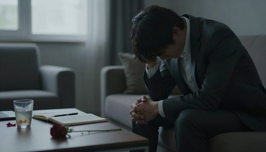 A dimly lit room, conveying a somber mood of emotional exhaustion. In the foreground, a single person in professional business attire sits on a couch, head down, hands clasped tightly in their lap, embodying the feeling of burnout and isolation. The middle ground shows a coffee table scattered with personal items like a half-empty cup, an open notebook, and a wilted flower, symbolizing fading love and connection. In the background, a window with diffused light casts soft shadows, enhancing the atmosphere of melancholy. The overall composition should evoke a sense of despair and introspection, with soft focus for a dreamlike effect, using a shallow depth of field to emphasize the subject's expression of emotional fatigue. A dimly lit room, conveying a somber mood of emotional exhaustion. In the foreground, a single person in professional business attire sits on a couch, head down, hands clasped tightly in their lap, embodying the feeling of burnout and isolation. The middle ground shows a coffee table scattered with personal items like a half-empty cup, an open notebook, and a wilted flower, symbolizing fading love and connection. In the background, a window with diffused light casts soft shadows, enhancing the atmosphere of melancholy. The overall composition should evoke a sense of despair and introspection, with soft focus for a dreamlike effect, using a shallow depth of field to emphasize the subject's expression of emotional fatigue.