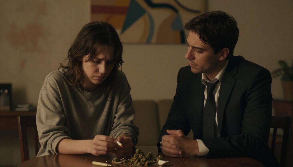 A dimly lit room filled with shadows, focusing on two individuals sitting at a small table, their expressions revealing tension and emotional distance. One person, dressed in modest casual clothing, is holding a cannabis joint with a conflicted look on their face, while the other, in professional attire, appears concerned, leaning slightly forward. In the background, a faded wall with abstract art symbolizes the chaotic influence of addiction. Soft, warm light casts a somber hue over the scene, emphasizing the mood of uncertainty and entrapment in co-dependency. The camera angle is slightly above eye-level, capturing the intimate yet strained dynamic between them, highlighting their struggle for connection amidst the challenges of addiction. A dimly lit room filled with shadows, focusing on two individuals sitting at a small table, their expressions revealing tension and emotional distance. One person, dressed in modest casual clothing, is holding a cannabis joint with a conflicted look on their face, while the other, in professional attire, appears concerned, leaning slightly forward. In the background, a faded wall with abstract art symbolizes the chaotic influence of addiction. Soft, warm light casts a somber hue over the scene, emphasizing the mood of uncertainty and entrapment in co-dependency. The camera angle is slightly above eye-level, capturing the intimate yet strained dynamic between them, highlighting their struggle for connection amidst the challenges of addiction.