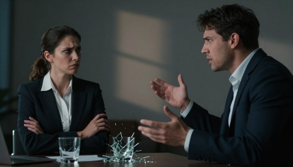 A dimly lit room serves as the background, filled with shadows that evoke a sense of tension. In the foreground, two individuals dressed in professional business attire engage in a heated conversation, their facial expressions displaying frustration and disbelief. The woman, with crossed arms and a furrowed brow, looks away in disappointment, while the man gestures wildly, displaying his agitation. In the middle ground, a shattered glass on the table symbolizes the breakdown in communication and respect. Soft, diffused lighting casts an eerie glow, enhancing the atmosphere of dysfunction. The angle is slightly tilted, adding to the sense of unease. The overall mood reflects the destructive patterns of communication, emphasizing conflict and emotional distance in relationships. A dimly lit room serves as the background, filled with shadows that evoke a sense of tension. In the foreground, two individuals dressed in professional business attire engage in a heated conversation, their facial expressions displaying frustration and disbelief. The woman, with crossed arms and a furrowed brow, looks away in disappointment, while the man gestures wildly, displaying his agitation. In the middle ground, a shattered glass on the table symbolizes the breakdown in communication and respect. Soft, diffused lighting casts an eerie glow, enhancing the atmosphere of dysfunction. The angle is slightly tilted, adding to the sense of unease. The overall mood reflects the destructive patterns of communication, emphasizing conflict and emotional distance in relationships.