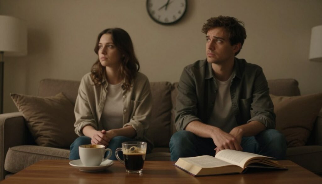 A dimly lit room showcasing a couple seated on a couch, their expressions distant and contemplative, symbolizing emotional disconnect. In the foreground, a coffee table cluttered with items like an untouched cup of coffee and an open book, representing stagnation. In the middle, the couple appears slightly turned away from each other, dressed in casual but tidy clothing. The background features a soft-focused wall clock ticking slowly, enhancing the sense of time standing still. The lighting is warm yet subdued, creating a melancholic but introspective atmosphere. This scene captures the warning signs of relationship burnout, with a visual emphasis on isolation and emotional turmoil. A dimly lit room showcasing a couple seated on a couch, their expressions distant and contemplative, symbolizing emotional disconnect. In the foreground, a coffee table cluttered with items like an untouched cup of coffee and an open book, representing stagnation. In the middle, the couple appears slightly turned away from each other, dressed in casual but tidy clothing. The background features a soft-focused wall clock ticking slowly, enhancing the sense of time standing still. The lighting is warm yet subdued, creating a melancholic but introspective atmosphere. This scene captures the warning signs of relationship burnout, with a visual emphasis on isolation and emotional turmoil.
