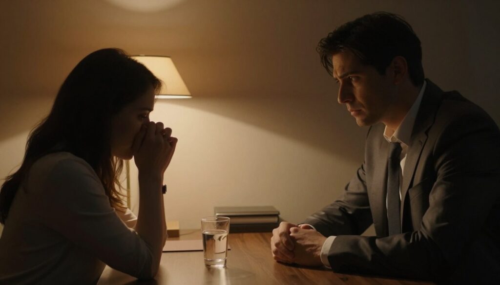 A dimly lit room with two individuals seated across from each other at a small table, their expressions tense yet revealing the underlying emotional turmoil. In the foreground, a woman's hands are clasped tightly, symbolizing anxiety and uncertainty, while the man, dressed in a sharp business suit, leans slightly forward, his face a subtle mask of deceit, hinting at manipulation. In the middle ground, reflections in a glass of water reveal distorted images, representing the twisting of truth in relationships. The background should feature shadows cast by a nearby lamp, adding to the somber mood. The lighting should be warm yet chiaroscuro, evoking a sense of intimacy combined with mistrust. The camera angle should be slightly above eye level, capturing the depth of the conversation and the emotional distance between the subjects.