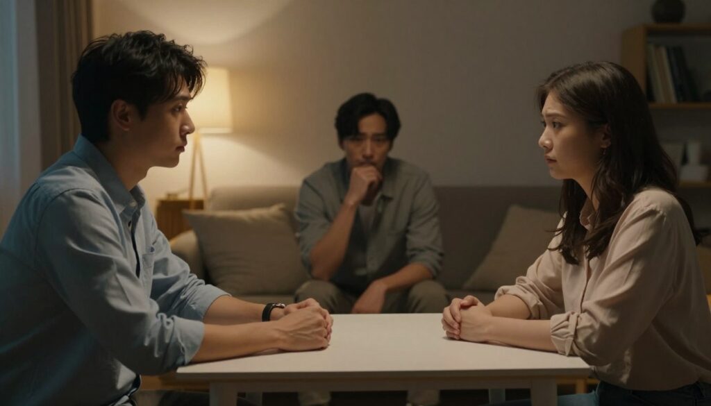 A dimly lit room with two people sitting across from each other at a small table, conveying a sense of emotional distance despite their physical proximity. The foreground features their hands resting on the table, one person wearing a light blue shirt and the other in a soft beige blouse, indicating a casual but respectful appearance. In the middle ground, their expressions reflect concern and contemplation, with a warm glow from a lamp casting gentle shadows, enhancing the mood of vulnerability. The background reveals a cozy living room setting, with soft cushions and a bookshelf, suggesting an environment that should feel safe but feels heavy with unspoken words. The overall atmosphere is intimate yet tense, embodying the struggle of communication in overcoming emotional isolation. A dimly lit room with two people sitting across from each other at a small table, conveying a sense of emotional distance despite their physical proximity. The foreground features their hands resting on the table, one person wearing a light blue shirt and the other in a soft beige blouse, indicating a casual but respectful appearance. In the middle ground, their expressions reflect concern and contemplation, with a warm glow from a lamp casting gentle shadows, enhancing the mood of vulnerability. The background reveals a cozy living room setting, with soft cushions and a bookshelf, suggesting an environment that should feel safe but feels heavy with unspoken words. The overall atmosphere is intimate yet tense, embodying the struggle of communication in overcoming emotional isolation.