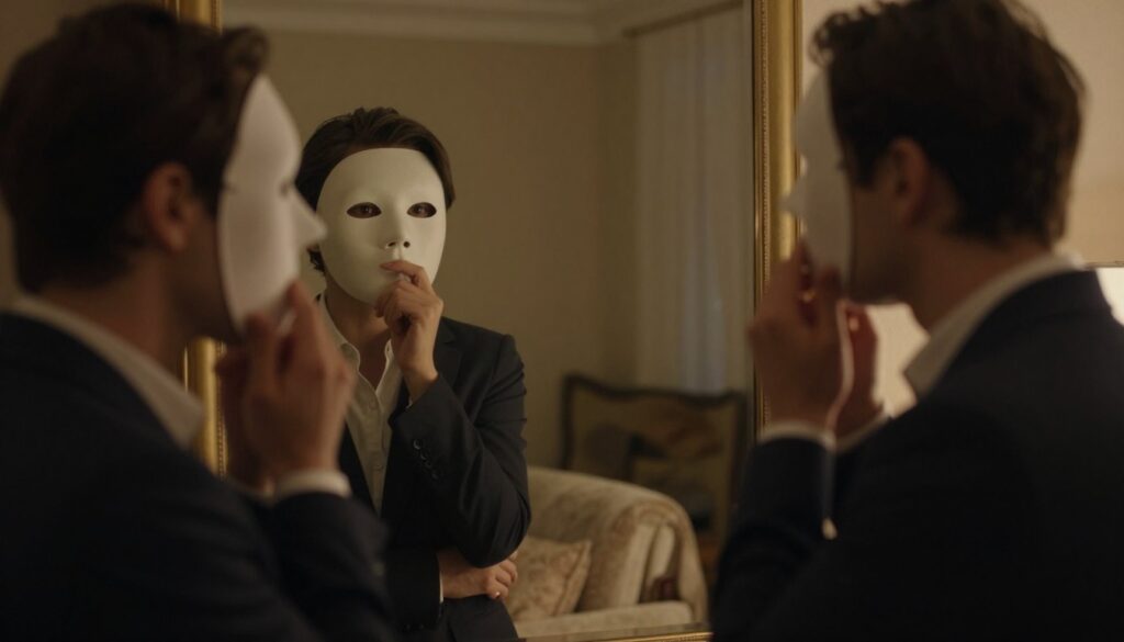 A dimly lit room with warm, soft lighting creates an intimate atmosphere. In the foreground, a person in professional business attire stands by a mirror, holding a delicate mask to their face, reflecting a sense of duality and hidden emotions. Their expression is thoughtful, caught between vulnerability and the act of putting on a façade. In the middle, the reflection in the mirror shows another figure, conveying a sense of connection and introspection. The background hints at a cozy and elegant space, adorned with subtle elements of comfort, such as plush furniture and soft textiles. The overall mood is contemplative, inviting viewers to ponder the complexities of relationships and the masks we wear. The image should emphasize deep emotions without showing any text or distractions.