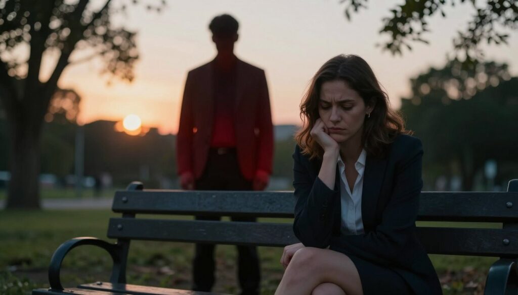A dramatic and thought-provoking scene capturing the concept of "red flags in a relationship". In the foreground, include a woman sitting on a park bench, looking contemplative and troubled, dressed in professional business attire. In the middle, portray a shadowy figure behind her, symbolizing a toxic partner, with an ominous red glow surrounding him, indicating emotional drain. The background features blurred trees and a soft sunset, casting warm, golden light that contrasts with the cool, unsettling tone of the central figures. Use an angle that emphasizes the woman's isolation, creating an atmosphere of introspection and awareness. Aim for a moody yet engaging composition, focusing on the emotional weight of recognizing unhealthy relationships. A dramatic and thought-provoking scene capturing the concept of "red flags in a relationship". In the foreground, include a woman sitting on a park bench, looking contemplative and troubled, dressed in professional business attire. In the middle, portray a shadowy figure behind her, symbolizing a toxic partner, with an ominous red glow surrounding him, indicating emotional drain. The background features blurred trees and a soft sunset, casting warm, golden light that contrasts with the cool, unsettling tone of the central figures. Use an angle that emphasizes the woman's isolation, creating an atmosphere of introspection and awareness. Aim for a moody yet engaging composition, focusing on the emotional weight of recognizing unhealthy relationships.