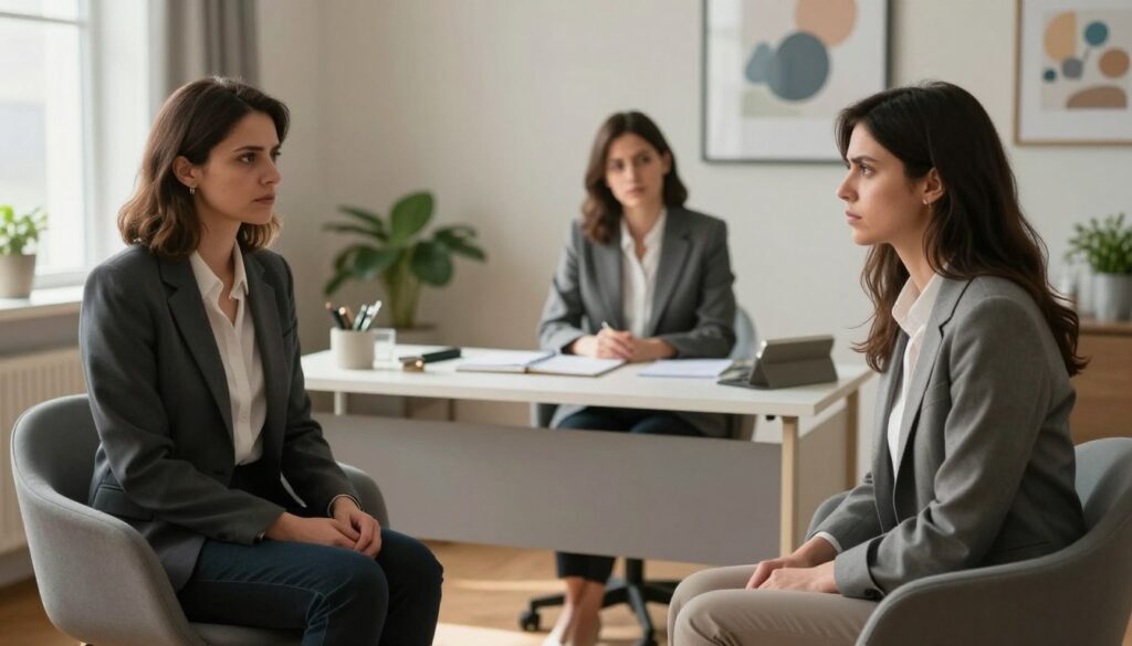 A dramatic scene inside a modern therapy office, featuring two individuals, a man and a woman, both dressed in professional business attire. The foreground highlights their tense expressions. They sit across from each other on sleek chairs, surrounded by minimalistic décor that suggests a calm yet charged atmosphere. The middle ground showcases a stylish therapist's desk with materials like a notebook and a plant, symbolizing growth. The background reveals calming artwork on the walls, with soft, natural light filtering through a window, creating a warm glow that contrasts with the tension. The image should evoke a sense of rivalry and introspection, effectively illustrating the complexities of a relationship between two narcissistic individuals. A dramatic scene inside a modern therapy office, featuring two individuals, a man and a woman, both dressed in professional business attire. The foreground highlights their tense expressions. They sit across from each other on sleek chairs, surrounded by minimalistic décor that suggests a calm yet charged atmosphere. The middle ground showcases a stylish therapist's desk with materials like a notebook and a plant, symbolizing growth. The background reveals calming artwork on the walls, with soft, natural light filtering through a window, creating a warm glow that contrasts with the tension. The image should evoke a sense of rivalry and introspection, effectively illustrating the complexities of a relationship between two narcissistic individuals.