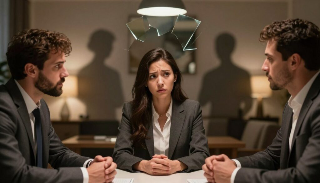 A dramatic, thought-provoking scene depicting the psychological underpinnings of lying in relationships. In the foreground, a diverse group of three people seated at a table engaged in a serious conversation, dressed in professional business attire. Their expressions reveal a mix of concern and suspicion. In the middle ground, subtle visual metaphors like shadowy figures or fragmented mirrors symbolize deception and distorted truths. The background features a dimly lit room with soft, warm lighting creating an intimate atmosphere, highlighting the tension in the air. The image captures the essence of trust being tested, with a focus on facial expressions and body language, emphasizing the underlying emotional complexity. A dramatic, thought-provoking scene depicting the psychological underpinnings of lying in relationships. In the foreground, a diverse group of three people seated at a table engaged in a serious conversation, dressed in professional business attire. Their expressions reveal a mix of concern and suspicion. In the middle ground, subtle visual metaphors like shadowy figures or fragmented mirrors symbolize deception and distorted truths. The background features a dimly lit room with soft, warm lighting creating an intimate atmosphere, highlighting the tension in the air. The image captures the essence of trust being tested, with a focus on facial expressions and body language, emphasizing the underlying emotional complexity.
