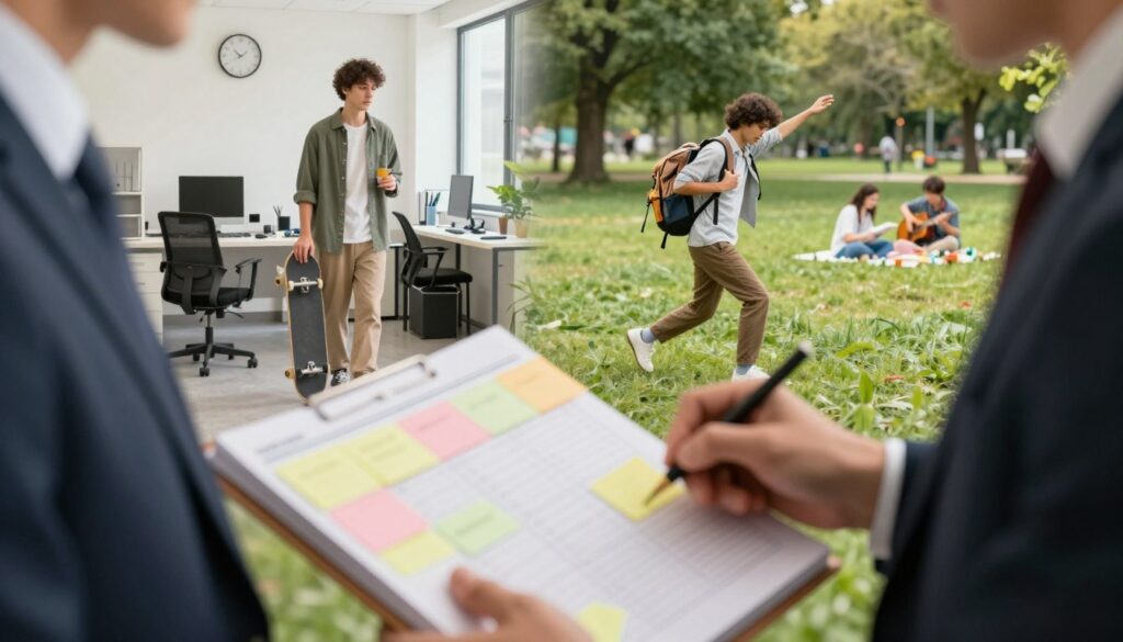 A dynamic scene illustrating the contrast between routine and spontaneity. In the foreground, depict a person in professional business attire, organizing a planner filled with colorful sticky notes and schedules, representing structure and routine. In the middle ground, show another person in casual, modest clothing, capturing the essence of spontaneity, with a skateboard and a backpack full of art supplies, suggesting creativity and freedom. The background features a split landscape: on one side, a neatly organized office with a clock and straightened furniture, and on the other, a vibrant park with people enjoying activities like painting and playing music. Use soft, natural lighting to create a warm mood, with a slight bokeh effect for added depth, and a slightly high angle to capture both aspects harmoniously. A dynamic scene illustrating the contrast between routine and spontaneity. In the foreground, depict a person in professional business attire, organizing a planner filled with colorful sticky notes and schedules, representing structure and routine. In the middle ground, show another person in casual, modest clothing, capturing the essence of spontaneity, with a skateboard and a backpack full of art supplies, suggesting creativity and freedom. The background features a split landscape: on one side, a neatly organized office with a clock and straightened furniture, and on the other, a vibrant park with people enjoying activities like painting and playing music. Use soft, natural lighting to create a warm mood, with a slight bokeh effect for added depth, and a slightly high angle to capture both aspects harmoniously.