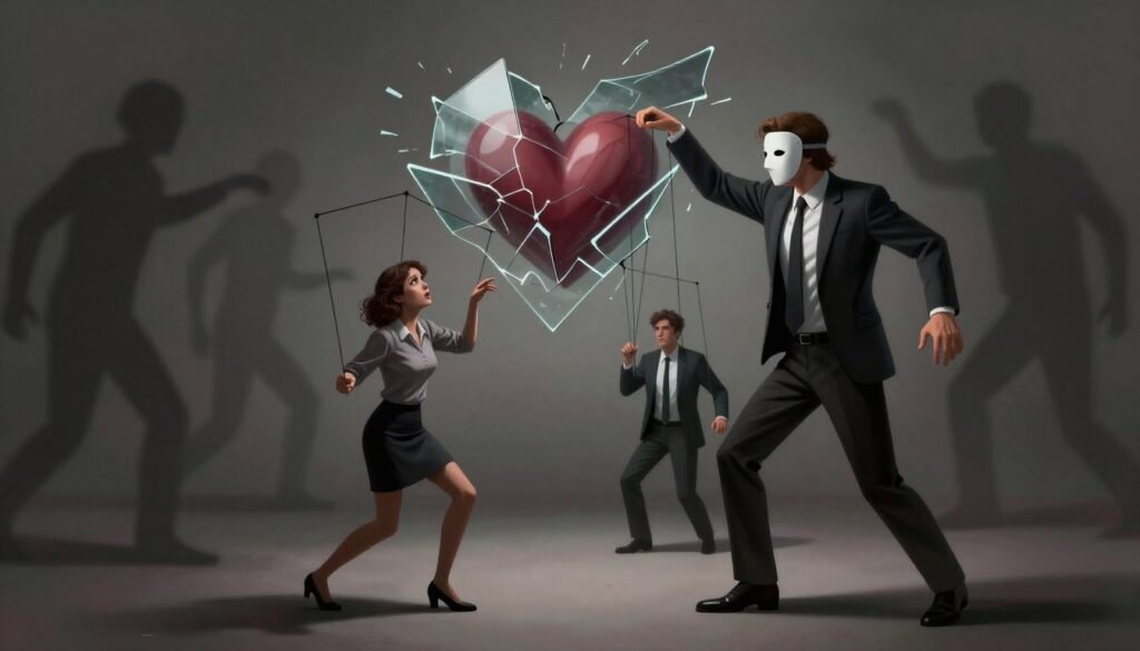 A dynamic, surreal illustration depicting the manipulative mechanisms of a narcissist in a relationship. In the foreground, a masked figure dressed in formal business attire, symbolizing the narcissist, holds puppet strings controlling two figures: one displaying confusion and vulnerability, dressed modestly, and the other exhibiting admiration, also in professional attire. The middle ground shows a blurred reflection of a heart comprised of fragmented glass, emphasizing deceit and instability. The background features shadowy silhouettes of overlapping, chaotic shapes to represent emotional turmoil and manipulation. Soft, dramatic lighting casts intricate shadows that enhance the tension, creating a moody atmosphere. Use a wide-angle lens to capture the complexity of the scene, ensuring the composition evokes intrigue and unease.