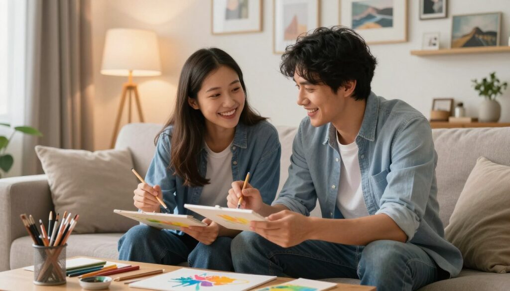 A harmonious couple enjoying a shared interest in a cozy, brightly lit living room. The foreground features two individuals sitting on a comfortable couch, both wearing smart casual outfits, engaged in a lively activity together, such as painting or crafting. The middle ground includes a table filled with art supplies, hinting at their creativity and teamwork. In the background, a warm, inviting atmosphere is created with soft, ambient lighting that highlights the couple's joyful expressions. The walls adorned with personal achievements and shared memories, adding depth to the scene. The overall mood is one of connection and shared purpose, emphasizing the importance of common interests in building a happy relationship.