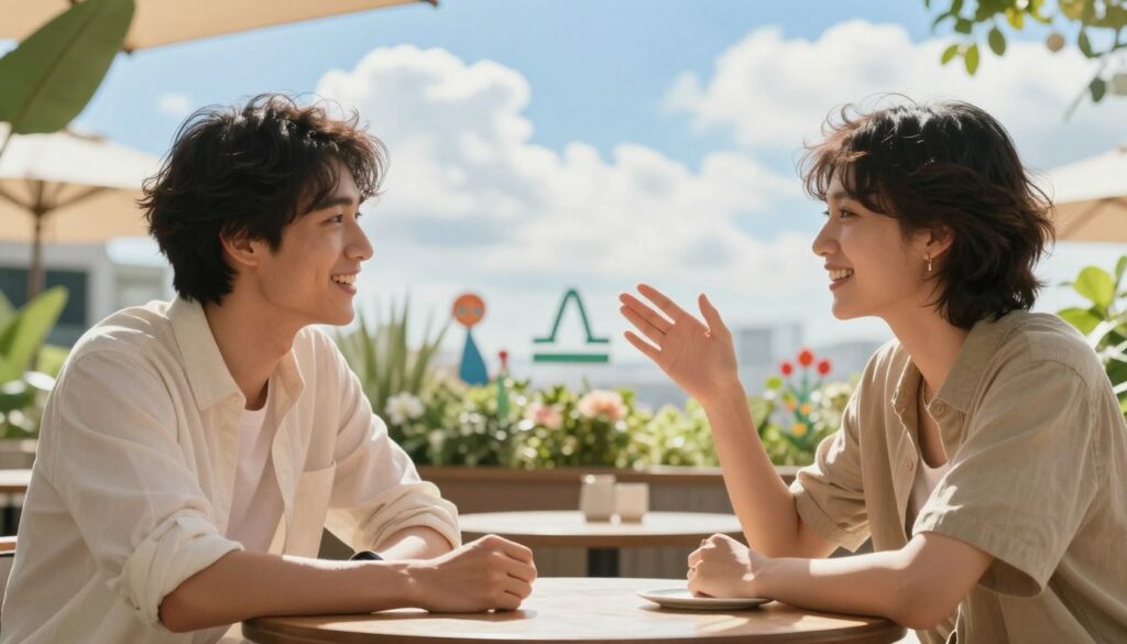 A harmonious illustration capturing the essence of shared values between Gemini and Libra. In the foreground, depict two individuals dressed in elegant, modest casual attire, seated at a sunlit outdoor café, engaged in a lively conversation. Their expressions should reflect joy and ease, embodying lightness and freedom. In the middle ground, include soft greenery and whimsical decorations, suggesting a vibrant yet peaceful atmosphere. In the background, a bright blue sky with fluffy white clouds enhances the sense of liberation. Use warm, inviting lighting to create an uplifting mood, as if it's a bright summer day. A slight depth of field effect can focus on the two individuals while gently blurring the background, emphasizing connection and camaraderie. A harmonious illustration capturing the essence of shared values between Gemini and Libra. In the foreground, depict two individuals dressed in elegant, modest casual attire, seated at a sunlit outdoor café, engaged in a lively conversation. Their expressions should reflect joy and ease, embodying lightness and freedom. In the middle ground, include soft greenery and whimsical decorations, suggesting a vibrant yet peaceful atmosphere. In the background, a bright blue sky with fluffy white clouds enhances the sense of liberation. Use warm, inviting lighting to create an uplifting mood, as if it's a bright summer day. A slight depth of field effect can focus on the two individuals while gently blurring the background, emphasizing connection and camaraderie.