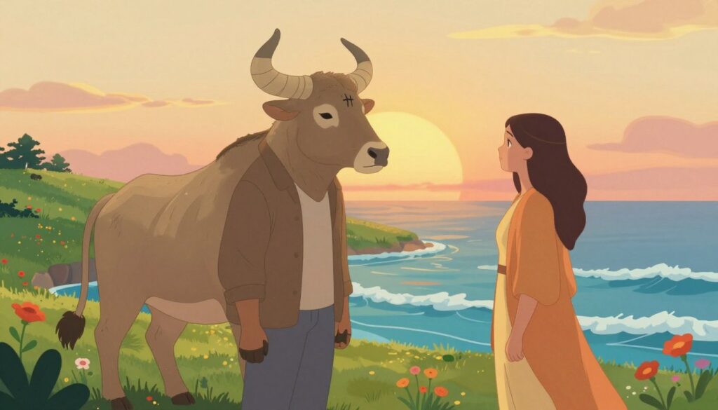 A harmonious scene depicting a Taurus and a Pisces symbolizing their compatibility. In the foreground, a serene Taurus figure, depicted as a gentle person in modest casual clothing, stands confidently alongside a dreamy Pisces figure, portrayed in warm, flowing attire. Both share a tender gaze, embodying emotional connection and stability. In the middle ground, intermingling elements of earth and water—a lush green landscape with vibrant flowers transitioning into soft, flowing waves—illustrate their elemental balance. The background features a tranquil sunset, casting soft, golden hues that evoke a romantic atmosphere. The entire composition conveys a sense of peace and mutual support, highlighted by soft, warm lighting. The overall mood is serene, romantic, and tender, emphasizing the deep emotional bond between the two zodiac signs. A harmonious scene depicting a Taurus and a Pisces symbolizing their compatibility. In the foreground, a serene Taurus figure, depicted as a gentle person in modest casual clothing, stands confidently alongside a dreamy Pisces figure, portrayed in warm, flowing attire. Both share a tender gaze, embodying emotional connection and stability. In the middle ground, intermingling elements of earth and water—a lush green landscape with vibrant flowers transitioning into soft, flowing waves—illustrate their elemental balance. The background features a tranquil sunset, casting soft, golden hues that evoke a romantic atmosphere. The entire composition conveys a sense of peace and mutual support, highlighted by soft, warm lighting. The overall mood is serene, romantic, and tender, emphasizing the deep emotional bond between the two zodiac signs.