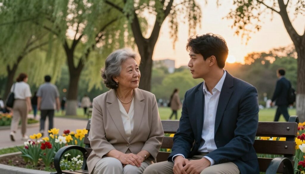 A harmonious scene depicting a diverse couple with a significant age difference, engaged in a thoughtful conversation in a serene park. In the foreground, showcase the couple: a wise-looking older woman and a youthful man, both dressed in professional attire, sitting on a bench surrounded by blooming flowers. The middle ground features gently swaying trees, and people of various ages walking by, illustrating the richness of life experience. In the background, a soft sunset casts a warm golden light, enhancing the intimate atmosphere. The composition should evoke a sense of companionship and mutual understanding, highlighting the benefits of diverse experiences and emotional maturity. Use a shallow depth of field to keep the couple in sharp focus, while giving a gentle blur to the background elements.