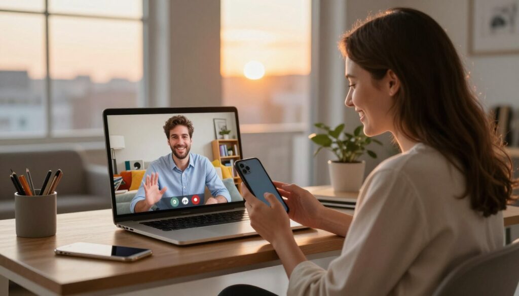 A heartwarming portrayal of a long-distance relationship, featuring two individuals sitting at their respective homes in different cities, connected through a video call. In the foreground, one person, a woman in professional casual attire, smiles warmly as she holds her phone, surrounded by personal mementos that evoke fond memories. In the middle, a laptop on a cozy desk shows the other person, a man in a smart shirt, looking engaged and happy, with a backdrop of his colorful living room. The background captures a soft, warm glow from a setting sun, casting gentle shadows and creating a nostalgic atmosphere. The overall mood is a blend of warmth and longing, emphasizing the emotional connection despite the physical distance. The lighting is warm and inviting, highlighting the importance of communication and trust in long-distance relationships. A heartwarming portrayal of a long-distance relationship, featuring two individuals sitting at their respective homes in different cities, connected through a video call. In the foreground, one person, a woman in professional casual attire, smiles warmly as she holds her phone, surrounded by personal mementos that evoke fond memories. In the middle, a laptop on a cozy desk shows the other person, a man in a smart shirt, looking engaged and happy, with a backdrop of his colorful living room. The background captures a soft, warm glow from a setting sun, casting gentle shadows and creating a nostalgic atmosphere. The overall mood is a blend of warmth and longing, emphasizing the emotional connection despite the physical distance. The lighting is warm and inviting, highlighting the importance of communication and trust in long-distance relationships.