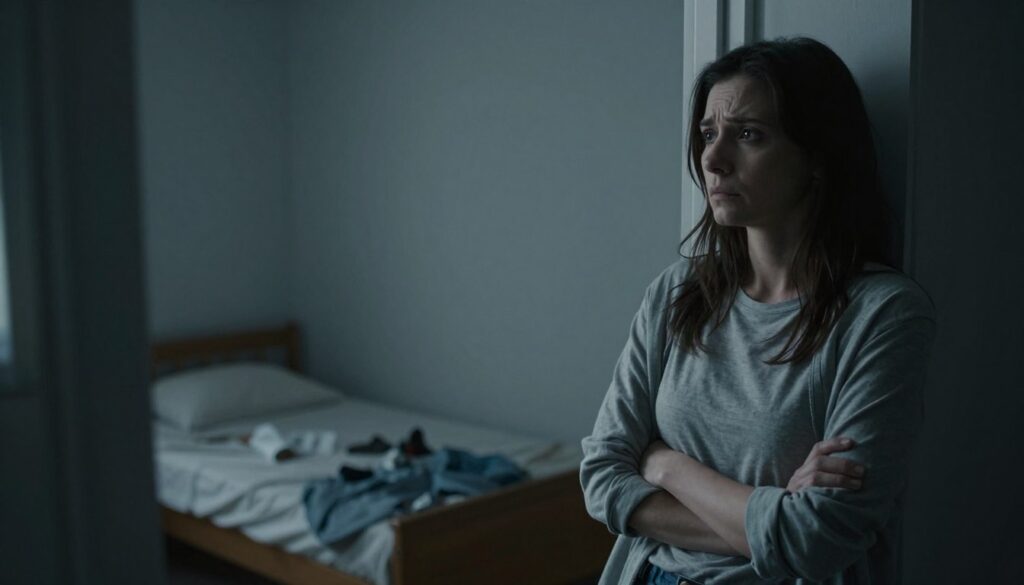 A melancholic scene depicting emotional distance and a sense of longing. In the foreground, a woman wearing modest casual clothing stands with her arms crossed, gazing thoughtfully out a window. Her expression reflects a mixture of irritation and apathy. In the middle, a dimly lit room with a small, unmade bed and scattered personal items suggests neglect. In the background, soft shadows create a feeling of isolation. The lighting is soft and moody, casting gentle shadows that enhance the somber atmosphere. The overall color palette consists of muted blues and grays, evoking feelings of sadness and introspection. The angle of the shot is slightly tilted to emphasize the disconnection between the woman and her surroundings. A melancholic scene depicting emotional distance and a sense of longing. In the foreground, a woman wearing modest casual clothing stands with her arms crossed, gazing thoughtfully out a window. Her expression reflects a mixture of irritation and apathy. In the middle, a dimly lit room with a small, unmade bed and scattered personal items suggests neglect. In the background, soft shadows create a feeling of isolation. The lighting is soft and moody, casting gentle shadows that enhance the somber atmosphere. The overall color palette consists of muted blues and grays, evoking feelings of sadness and introspection. The angle of the shot is slightly tilted to emphasize the disconnection between the woman and her surroundings.