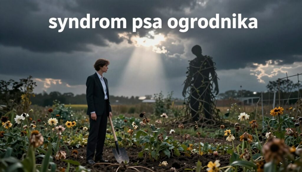A metaphorical interpretation of "syndrom psa ogrodnika" in a surreal, emotionally charged landscape. In the foreground, a solitary garden surrounded by wilted flowers, representing emotional neglect. A figure in professional attire stands at the garden's edge, looking conflicted as they hold a garden spade, symbolizing their attempt to nurture despite feeling trapped. In the middle ground, a shadowy silhouette of a restrained figure tangled in vines, depicting the impact of emotional distance and attachment. The background features a darkening sky with heavy clouds, creating an oppressive atmosphere, with shafts of light breaking through, suggesting hope. Lens flare from the light adds to the drama, giving depth, while a shallow depth of field keeps the focus on the foreground elements. The overall mood is somber yet poignant, capturing the struggle between nurturing and the pain of emotional detachment. A metaphorical interpretation of "syndrom psa ogrodnika" in a surreal, emotionally charged landscape. In the foreground, a solitary garden surrounded by wilted flowers, representing emotional neglect. A figure in professional attire stands at the garden's edge, looking conflicted as they hold a garden spade, symbolizing their attempt to nurture despite feeling trapped. In the middle ground, a shadowy silhouette of a restrained figure tangled in vines, depicting the impact of emotional distance and attachment. The background features a darkening sky with heavy clouds, creating an oppressive atmosphere, with shafts of light breaking through, suggesting hope. Lens flare from the light adds to the drama, giving depth, while a shallow depth of field keeps the focus on the foreground elements. The overall mood is somber yet poignant, capturing the struggle between nurturing and the pain of emotional detachment.