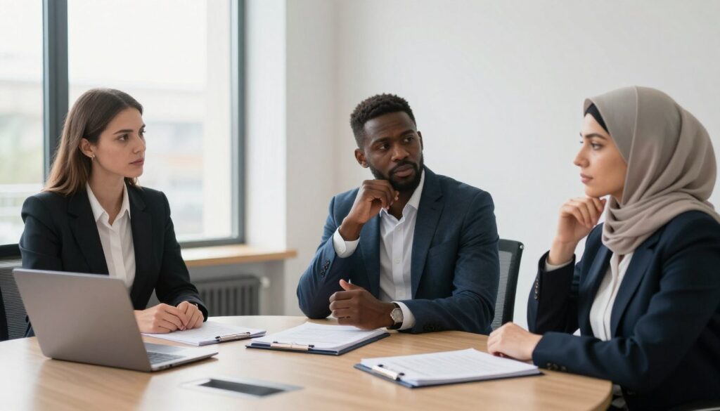 A modern conference room setting in Poland, where a diverse group of three professionally dressed individuals engage in a discussion on polygamous relationships. The foreground features a round table with legal documents and a laptop open, suggesting a serious discussion. In the middle, the individuals are portrayed in diverse ethnic backgrounds: a Polish woman in a tailored suit, a Black man in a smart blazer, and a Middle-Eastern woman in modest, professional attire. Their expressions are thoughtful and engaged. In the background, a large window allows natural light to spill in, illuminating the room and casting soft shadows. The atmosphere is professional and reflective, capturing the essence of legal discourse on polygamy in Poland. A modern conference room setting in Poland, where a diverse group of three professionally dressed individuals engage in a discussion on polygamous relationships. The foreground features a round table with legal documents and a laptop open, suggesting a serious discussion. In the middle, the individuals are portrayed in diverse ethnic backgrounds: a Polish woman in a tailored suit, a Black man in a smart blazer, and a Middle-Eastern woman in modest, professional attire. Their expressions are thoughtful and engaged. In the background, a large window allows natural light to spill in, illuminating the room and casting soft shadows. The atmosphere is professional and reflective, capturing the essence of legal discourse on polygamy in Poland.