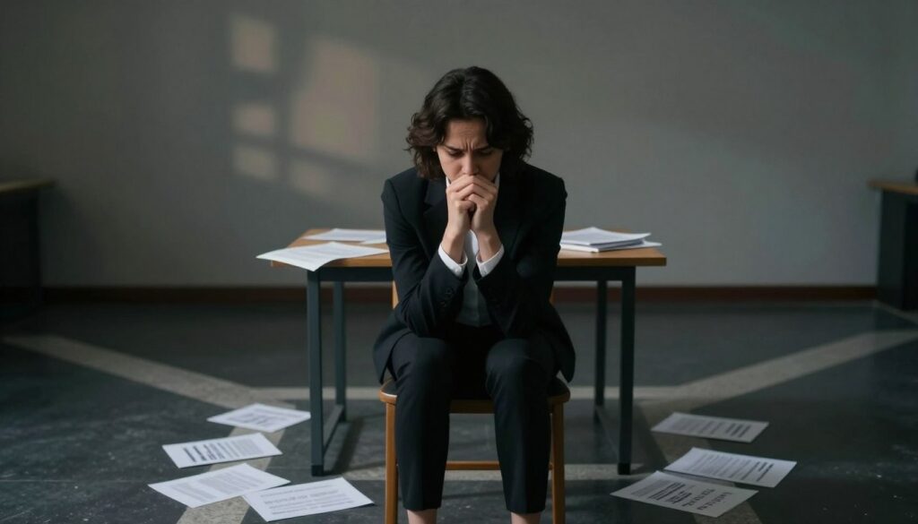 A person stands at a crossroads in a dimly lit room, embodying deep contemplation. In the foreground, they are seated on a wooden chair, dressed in professional attire, their hands clasped tightly, displaying frustration and indecision. The middle layer features a small table scattered with papers symbolizing various choices and potential outcomes. Behind them, soft, blurred shadows represent abstract thoughts and emotions, evoking a sense of overwhelm. Soft, dramatic lighting highlights the subject's face, emphasizing the conflict and struggle within. The overall atmosphere is one of tension and uncertainty, reflecting the difficulties of making final decisions in challenging situations. A person stands at a crossroads in a dimly lit room, embodying deep contemplation. In the foreground, they are seated on a wooden chair, dressed in professional attire, their hands clasped tightly, displaying frustration and indecision. The middle layer features a small table scattered with papers symbolizing various choices and potential outcomes. Behind them, soft, blurred shadows represent abstract thoughts and emotions, evoking a sense of overwhelm. Soft, dramatic lighting highlights the subject's face, emphasizing the conflict and struggle within. The overall atmosphere is one of tension and uncertainty, reflecting the difficulties of making final decisions in challenging situations.