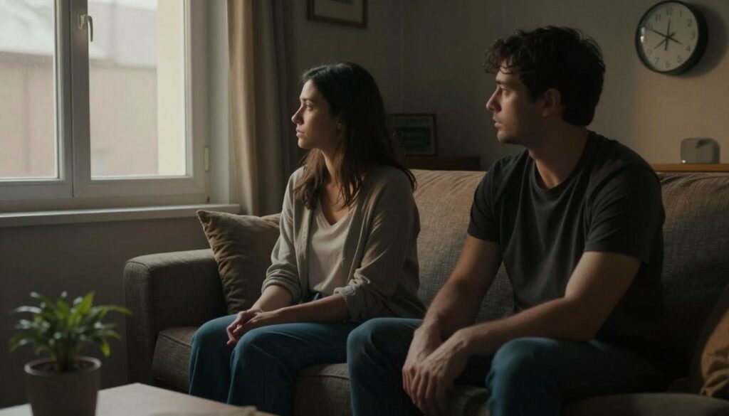 A poignant scene depicting a couple sitting together on a couch in a dimly lit living room. The woman, dressed in modest casual clothing, gazes out of the window, her expression contemplative and distant, while the man beside her, also in casual attire, looks concerned but unable to reach her emotionally. Soft, warm lighting spills through the window, casting gentle shadows that enhance the feeling of isolation despite their proximity. In the background, a clock ticks quietly, and a small plant sits on a table, symbolizing life's continuity amid emotional disconnect. The atmosphere conveys a sense of longing and melancholy, illustrating the theme of loneliness within a relationship. A poignant scene depicting a couple sitting together on a couch in a dimly lit living room. The woman, dressed in modest casual clothing, gazes out of the window, her expression contemplative and distant, while the man beside her, also in casual attire, looks concerned but unable to reach her emotionally. Soft, warm lighting spills through the window, casting gentle shadows that enhance the feeling of isolation despite their proximity. In the background, a clock ticks quietly, and a small plant sits on a table, symbolizing life's continuity amid emotional disconnect. The atmosphere conveys a sense of longing and melancholy, illustrating the theme of loneliness within a relationship.