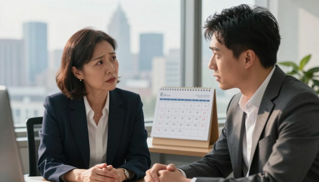 A poignant scene depicting the challenges of age-gap relationships, featuring two individuals in a professional office setting. In the foreground, a middle-aged woman and a younger man, both dressed in smart business attire, engage in a serious, thoughtful conversation. Their expressions convey a mix of concern and understanding, highlighting the emotional depth of their relationship. In the middle, a calendar with marked dates symbolizes the passage of time and the complexities of their connection. In the background, city skyline silhouettes are visible through a large window, suggesting a bustling life outside, with soft natural lighting casting a warm glow on the subjects, creating an atmosphere of intimacy and reflection. The camera angle is slightly elevated to capture their interaction and surroundings effectively.