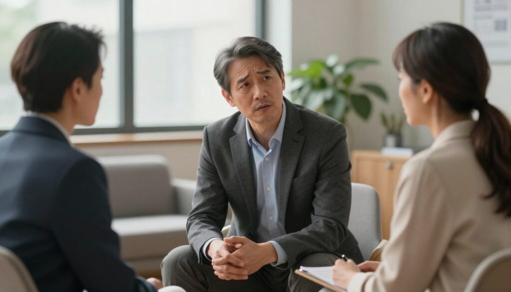 A professional and serene office environment, showcasing a diverse group of individuals engaged in a thoughtful conversation about emotional well-being and relationships. In the foreground, a middle-aged male in a smart suit expresses concern, while a mature female therapist in professional attire listens attentively, conveying empathy and understanding. In the background, soft lighting filters through large windows, creating a warm and inviting atmosphere. A subtle touch of greenery, such as potted plants, adds a calming effect. The composition captures an intimate yet professional setting focused on mental health and open communication, with an emphasis on emotional support and connection. The overall mood is one of trust and reassurance, fostering a safe space for dialogue about sensitive issues.