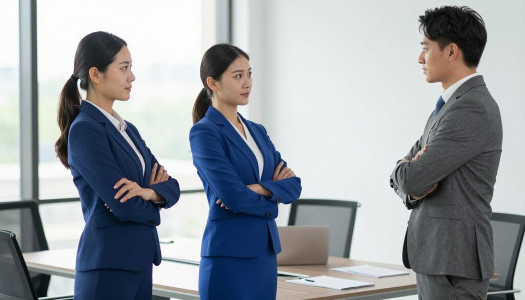 A professional business setting where two individuals stand facing each other in a confident and assertive posture, demonstrating the concept of boundary setting within partnerships. The foreground features a woman in a smart blue blazer and trousers, illustrating self-assurance, while the man opposite her wears a well-fitted gray suit, reflecting attentiveness and respect. In the middle ground, a sleek conference table is visible, with documents and a laptop symbolizing a work context. The background includes a modern office with large windows letting in soft, natural light, creating a bright and uplifting atmosphere. The overall mood conveys empowerment and constructive communication, emphasizing the importance of assertiveness in relationships. A professional business setting where two individuals stand facing each other in a confident and assertive posture, demonstrating the concept of boundary setting within partnerships. The foreground features a woman in a smart blue blazer and trousers, illustrating self-assurance, while the man opposite her wears a well-fitted gray suit, reflecting attentiveness and respect. In the middle ground, a sleek conference table is visible, with documents and a laptop symbolizing a work context. The background includes a modern office with large windows letting in soft, natural light, creating a bright and uplifting atmosphere. The overall mood conveys empowerment and constructive communication, emphasizing the importance of assertiveness in relationships.