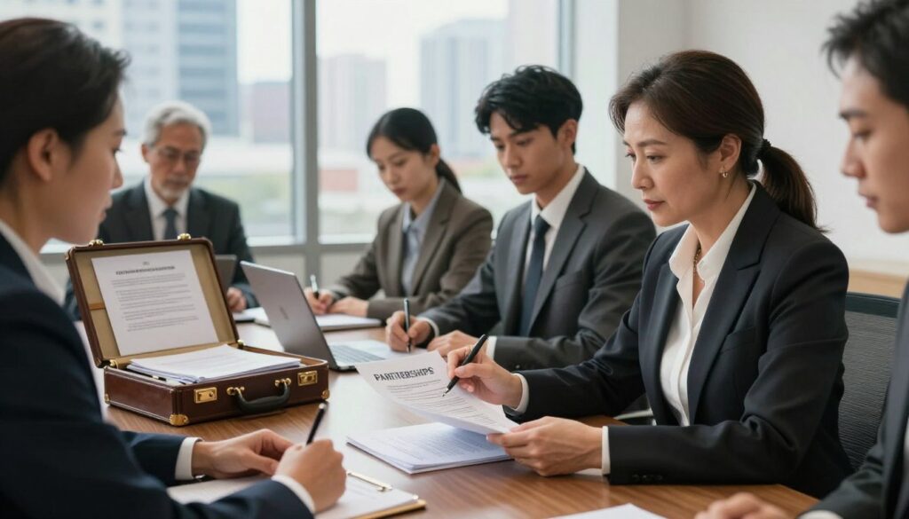 A professional legal setting featuring a diverse group of individuals seated around a conference table engaged in a serious discussion. In the foreground, a middle-aged woman in a smart business suit is reviewing a legal document, while a young man beside her takes notes on a laptop. The middle ground displays an open briefcase filled with legal paperwork, emphasizing the importance of legal security. In the background, a large window reveals an urban skyline, with natural light illuminating the scene, creating a warm and focused atmosphere. The overall mood conveys a sense of urgency and professionalism, highlighting the significance of securing legal protections for partnerships. The lens perspective should be slightly angled to capture both the table dynamics and the city backdrop. A professional legal setting featuring a diverse group of individuals seated around a conference table engaged in a serious discussion. In the foreground, a middle-aged woman in a smart business suit is reviewing a legal document, while a young man beside her takes notes on a laptop. The middle ground displays an open briefcase filled with legal paperwork, emphasizing the importance of legal security. In the background, a large window reveals an urban skyline, with natural light illuminating the scene, creating a warm and focused atmosphere. The overall mood conveys a sense of urgency and professionalism, highlighting the significance of securing legal protections for partnerships. The lens perspective should be slightly angled to capture both the table dynamics and the city backdrop.