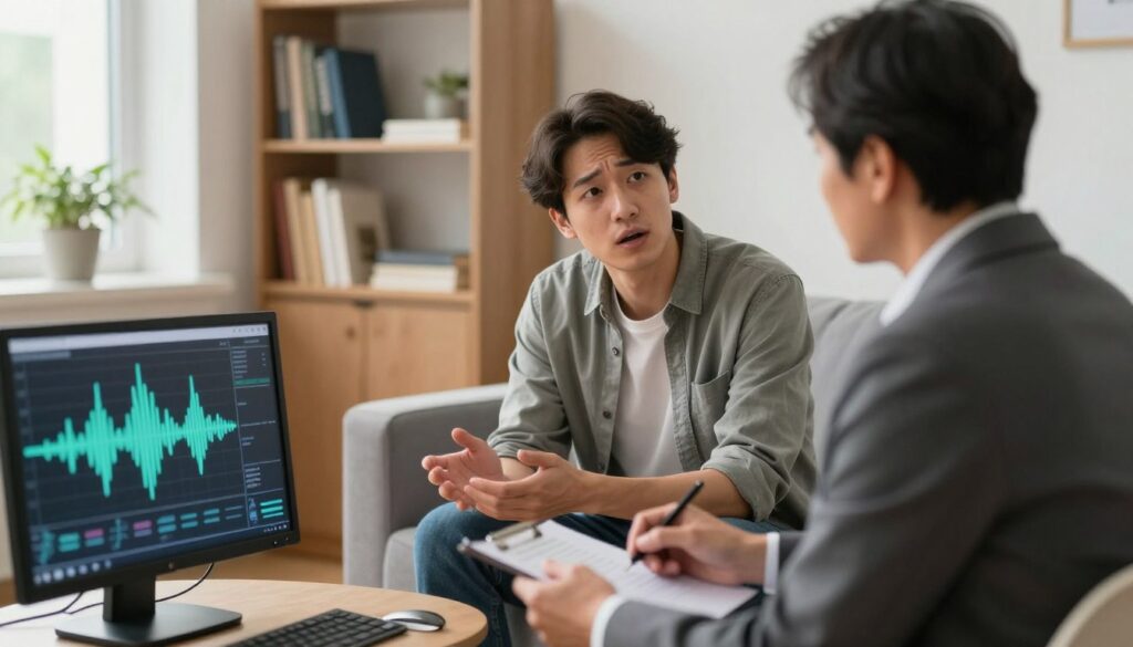 A professional psychologist's office, where a therapist listens intently to a client during a session. In the foreground, the therapist, a middle-aged person in a smart business suit, analyzes audio waveforms displayed on a digital screen. The middle scene captures the client, a young adult in modest casual attire, speaking animatedly, their expression showing a mix of emotions. Soft, natural lighting filters in through a window, creating a calm atmosphere. The background includes bookshelves filled with psychology textbooks and a potted plant, lending a warm, professional touch to the room. The focus is on the subtle cues of communication, emphasizing the importance of voice analysis in understanding honesty in relationships. The mood reflects a serious yet compassionate exploration of truth and deception. A professional psychologist's office, where a therapist listens intently to a client during a session. In the foreground, the therapist, a middle-aged person in a smart business suit, analyzes audio waveforms displayed on a digital screen. The middle scene captures the client, a young adult in modest casual attire, speaking animatedly, their expression showing a mix of emotions. Soft, natural lighting filters in through a window, creating a calm atmosphere. The background includes bookshelves filled with psychology textbooks and a potted plant, lending a warm, professional touch to the room. The focus is on the subtle cues of communication, emphasizing the importance of voice analysis in understanding honesty in relationships. The mood reflects a serious yet compassionate exploration of truth and deception.