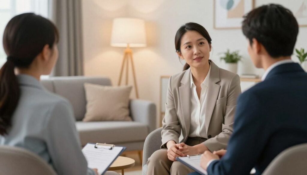 A professional setting featuring a serene and inviting therapy room. In the foreground, a compassionate therapist in modest business attire is engaged in a discussion with a client, who is also dressed in professional clothing. The therapist displays an empathetic demeanor, emphasizing support and understanding. In the middle ground, a comfortable seating arrangement with subtle decor, including warm lighting from a nearby lamp and soft cushions, creates a calming atmosphere. In the background, softly blurred artwork and plants add to the room's tranquility. The overall mood is one of openness and safety, encouraging conversation about sensitive topics like erectile issues in a respectful and non-judgmental environment. The image should convey a sense of professionalism and warmth, promoting a supportive dialogue.