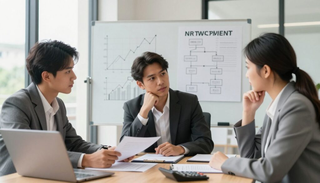 A professional setting illustrating the complexities of asset management and inheritance in a partnership context. In the foreground, a diverse group of two individuals, one male and one female, in smart business attire, engaged in conversation over a table covered with legal documents, calculators, and a laptop. The middle ground features a large whiteboard displaying diagrams of financial graphs and inheritance structures. The background showcases a well-lit, modern office space with large windows, allowing natural light to illuminate the scene. The mood is thoughtful and serious, emphasizing the importance of financial discussions in partnerships. Soft shadows and a warm color palette create an inviting atmosphere, suitable for a business meeting. A professional setting illustrating the complexities of asset management and inheritance in a partnership context. In the foreground, a diverse group of two individuals, one male and one female, in smart business attire, engaged in conversation over a table covered with legal documents, calculators, and a laptop. The middle ground features a large whiteboard displaying diagrams of financial graphs and inheritance structures. The background showcases a well-lit, modern office space with large windows, allowing natural light to illuminate the scene. The mood is thoughtful and serious, emphasizing the importance of financial discussions in partnerships. Soft shadows and a warm color palette create an inviting atmosphere, suitable for a business meeting.