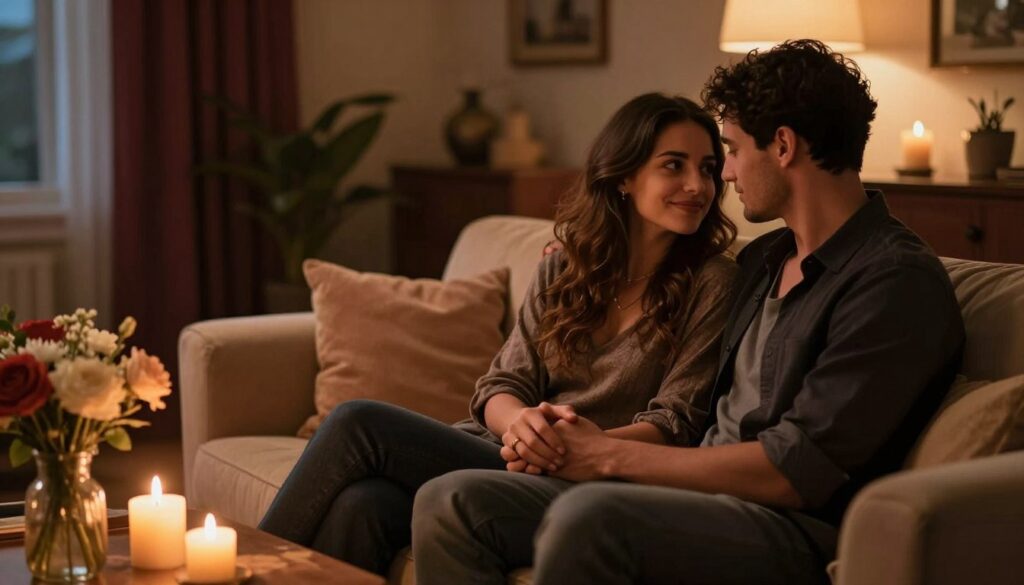 A romantic scene depicting a Taurus and Scorpio couple in a cozy and intimate atmosphere. In the foreground, a couple sits closely on a plush sofa, holding hands, their expressions reflecting deep trust and affection. The Taurus partner wears a smart-casual outfit, while the Scorpio partner is dressed in a stylish, modest attire. In the middle, a soft glow from warm, ambient lighting creates a sense of intimacy, with candles flickering on a nearby table adorned with flowers. The background features a softly blurred living room, decorated with rich, deep colors that convey a passionate mood. The overall atmosphere should feel warm, inviting, and emotionally charged, capturing the essence of a strong bond between these two zodiac signs.