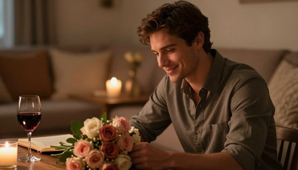 A romantic scene depicting a Taurus man in a cozy, softly lit setting, symbolizing loyalty and sensuality. In the foreground, the man sits at a wooden table, wearing a smart casual outfit, with a gentle smile that reflects warmth and affection. His eyes are focused on a beautiful bouquet of flowers in front of him, evoking a sense of devotion. In the middle ground, a flickering candle adds a warm glow, while subtle details like a glass of red wine and an open book reflect his stable and nurturing personality. The background includes plush, inviting décor with earthy tones, creating a tranquil atmosphere. The lighting is soft and warm, enhancing the intimate mood of love and connection. A romantic scene depicting a Taurus man in a cozy, softly lit setting, symbolizing loyalty and sensuality. In the foreground, the man sits at a wooden table, wearing a smart casual outfit, with a gentle smile that reflects warmth and affection. His eyes are focused on a beautiful bouquet of flowers in front of him, evoking a sense of devotion. In the middle ground, a flickering candle adds a warm glow, while subtle details like a glass of red wine and an open book reflect his stable and nurturing personality. The background includes plush, inviting décor with earthy tones, creating a tranquil atmosphere. The lighting is soft and warm, enhancing the intimate mood of love and connection.