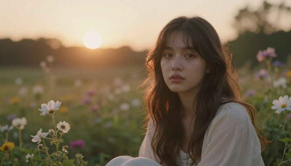 A sensitive and emotionally rich scene showcasing the essence of Cancer's personality traits. In the foreground, a gentle figure representing Cancer, dressed in soft, flowing clothing, gazes thoughtfully out to the viewer, their expression conveying warmth and introspection. The middle ground features a serene setting, perhaps a tranquil garden bathed in soft, diffused sunlight, symbolizing emotional depth and connection. Delicate plants and flowers surround the figure, adding layers of detail. In the background, a hazy sunset creates an atmosphere of gentle warmth and comfort, casting a golden hue over the scene. The overall mood is reflective and nurturing, capturing the sensitivity and emotionality associated with Cancer. The image should be shot with a soft-focus lens to enhance the dreamy quality, evoking feelings of empathy and understanding.