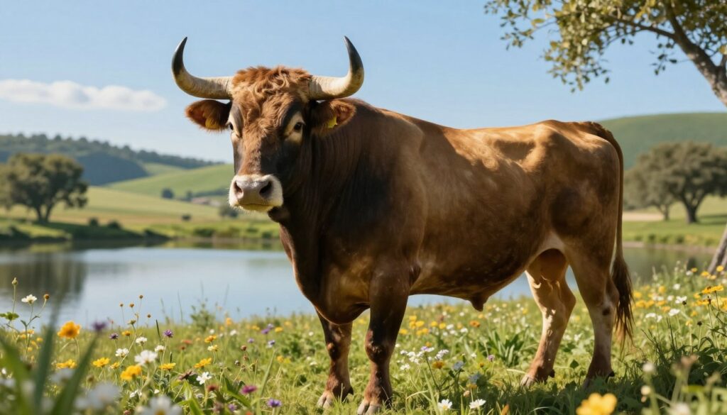 A sensual interpretation of a Taurus, represented through a majestic bull in a lush, serene landscape. In the foreground, the bull stands confidently amidst blooming wildflowers, symbolizing loyalty and sensuousness. Its strong build is highlighted with soft, golden sunlight streaming down, casting gentle shadows that emphasize its powerful yet calm demeanor. In the middle ground, a tranquil lake reflects the clear blue sky, symbolizing the need for safety and stability. The background showcases rolling green hills and softly swaying trees, adding to the peaceful atmosphere. The scene is imbued with a warm, inviting glow, creating a mood of comfort and security, perfect for capturing the essence of this zodiac sign. A sensual interpretation of a Taurus, represented through a majestic bull in a lush, serene landscape. In the foreground, the bull stands confidently amidst blooming wildflowers, symbolizing loyalty and sensuousness. Its strong build is highlighted with soft, golden sunlight streaming down, casting gentle shadows that emphasize its powerful yet calm demeanor. In the middle ground, a tranquil lake reflects the clear blue sky, symbolizing the need for safety and stability. The background showcases rolling green hills and softly swaying trees, adding to the peaceful atmosphere. The scene is imbued with a warm, inviting glow, creating a mood of comfort and security, perfect for capturing the essence of this zodiac sign.
