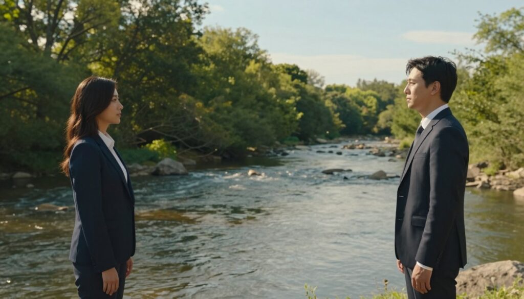A serene and composed scene that symbolizes personal boundaries within a relationship. In the foreground, depict two individuals standing at a respectful distance from each other, each in professional business attire, conveying emotional strength and confidence. The middle layer includes a gently flowing river, representing the flow of communication, with gently rippling water reflecting soft, warm sunlight. In the background, a lush, green forest symbolizes the growth and nurturing aspects of love, while a clear blue sky above implies openness and freedom. The lighting is soft and warm, creating a calm and supportive atmosphere, while the overall mood reflects the importance of setting boundaries without conflict, illustrating harmony and respect in relationships.