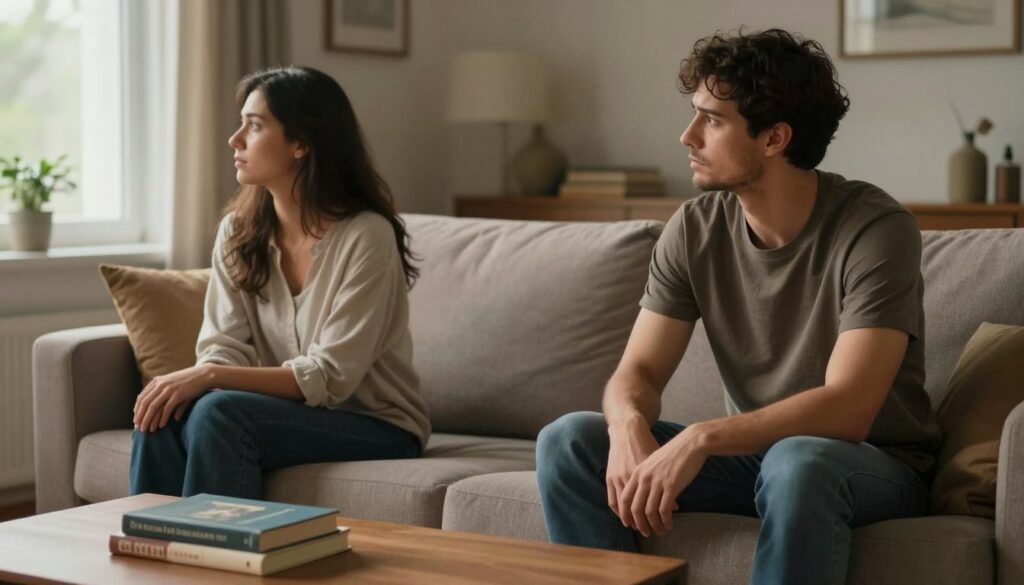 A serene and contemplative scene depicting a couple in a cozy, warmly lit living room. In the foreground, the couple sits on a comfortable sofa, dressed in modest casual clothing, looking thoughtful and slightly disconnected from each other. The woman gazes out the window, while the man looks at her, showcasing a sense of concern and understanding. In the middle ground, a coffee table with books on mental health and wellness hints at the exploration of psychological factors affecting intimacy. The background features soft, inviting decor, emphasizing warmth and comfort, yet the atmosphere feels subtly tense. Use soft lighting to create a gentle, reflective ambiance, invoking feelings of introspection and vulnerability. The overall mood should balance the themes of emotional distance and the hope for reconnection.