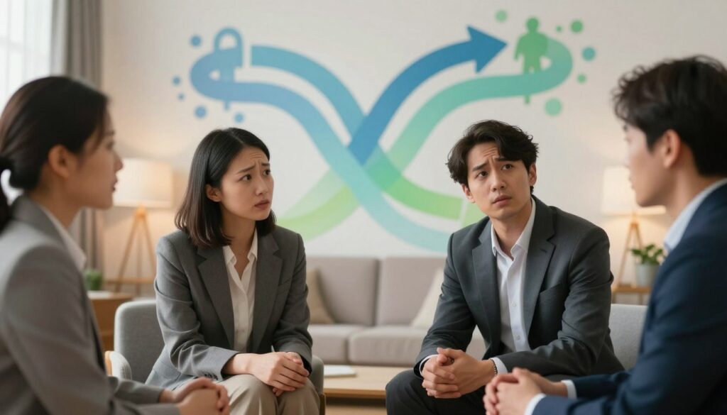 A serene and contemplative scene depicting the psychological challenges in polyamorous relationships. In the foreground, a diverse group of three individuals, dressed in professional business attire, are engaged in an open conversation, expressing varied emotions like concern and understanding. In the middle ground, abstract representations of intertwining paths symbolize the complexity of their relationships, using soft gradients of blues and greens. The background features a cozy, well-lit room with warm lighting, fostering a sense of safety and openness. The overall mood conveys introspection and emotional depth, with a slight depth of field effect to enhance focus on the group while blurring the background softly. The image should be devoid of any text or branding elements. A serene and contemplative scene depicting the psychological challenges in polyamorous relationships. In the foreground, a diverse group of three individuals, dressed in professional business attire, are engaged in an open conversation, expressing varied emotions like concern and understanding. In the middle ground, abstract representations of intertwining paths symbolize the complexity of their relationships, using soft gradients of blues and greens. The background features a cozy, well-lit room with warm lighting, fostering a sense of safety and openness. The overall mood conveys introspection and emotional depth, with a slight depth of field effect to enhance focus on the group while blurring the background softly. The image should be devoid of any text or branding elements.